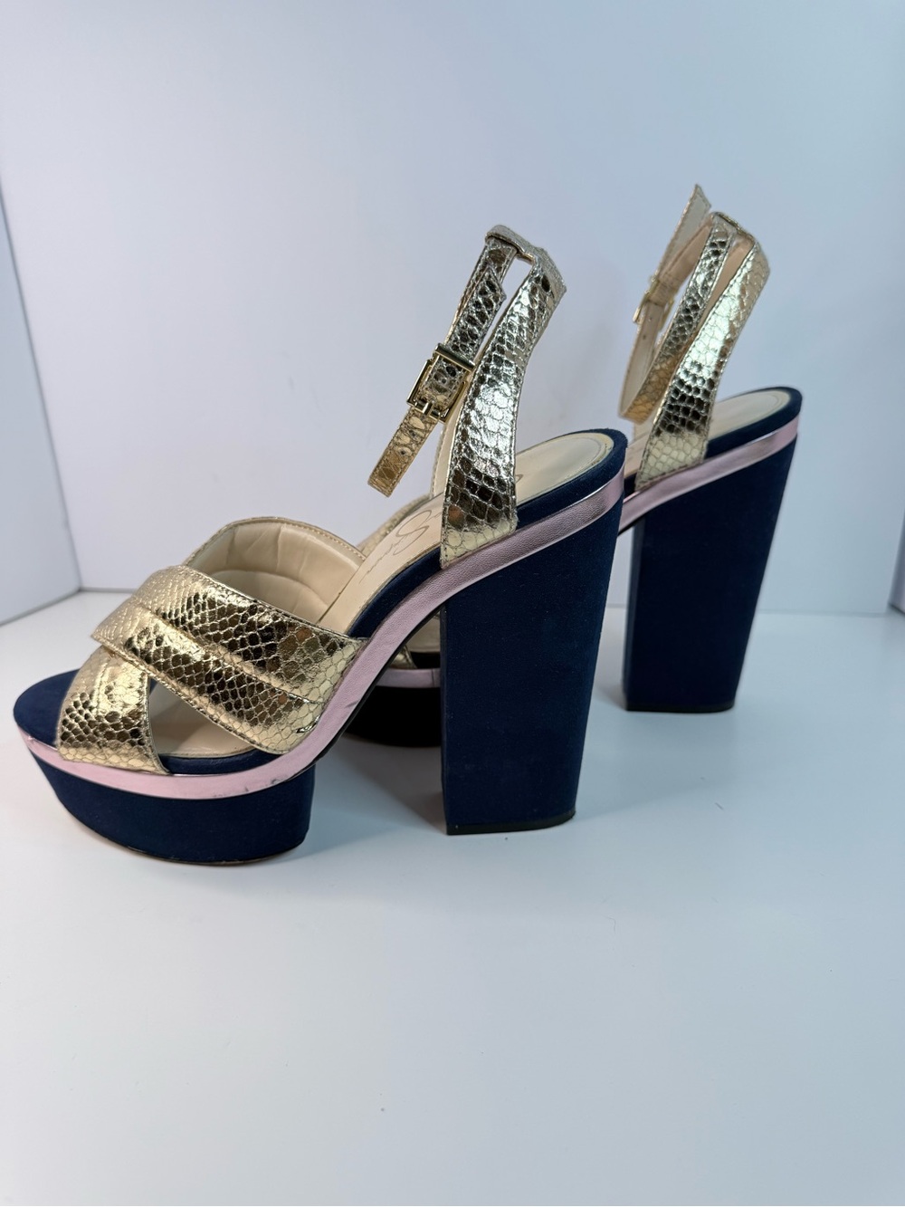 Jessica Simpson Gold Navy Rose Gold Platform Heels Sandals Size 9.5